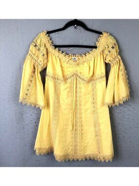 Charo Ruiz Ibiza Top Womens M Yellow Lace Boho Bell Sleeve Babydoll Milkmaid